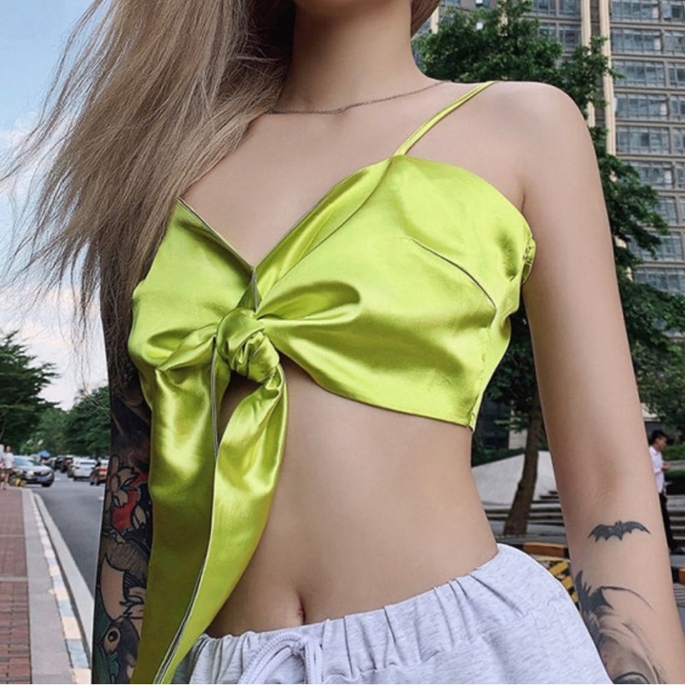 Missguided Neon Green Satin Tie-Front bralet Crop Top
